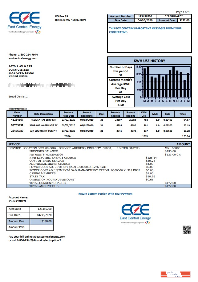 USA Minnesota East Central Energy utility bill template in Word and PDF (.doc and .pdf) format
